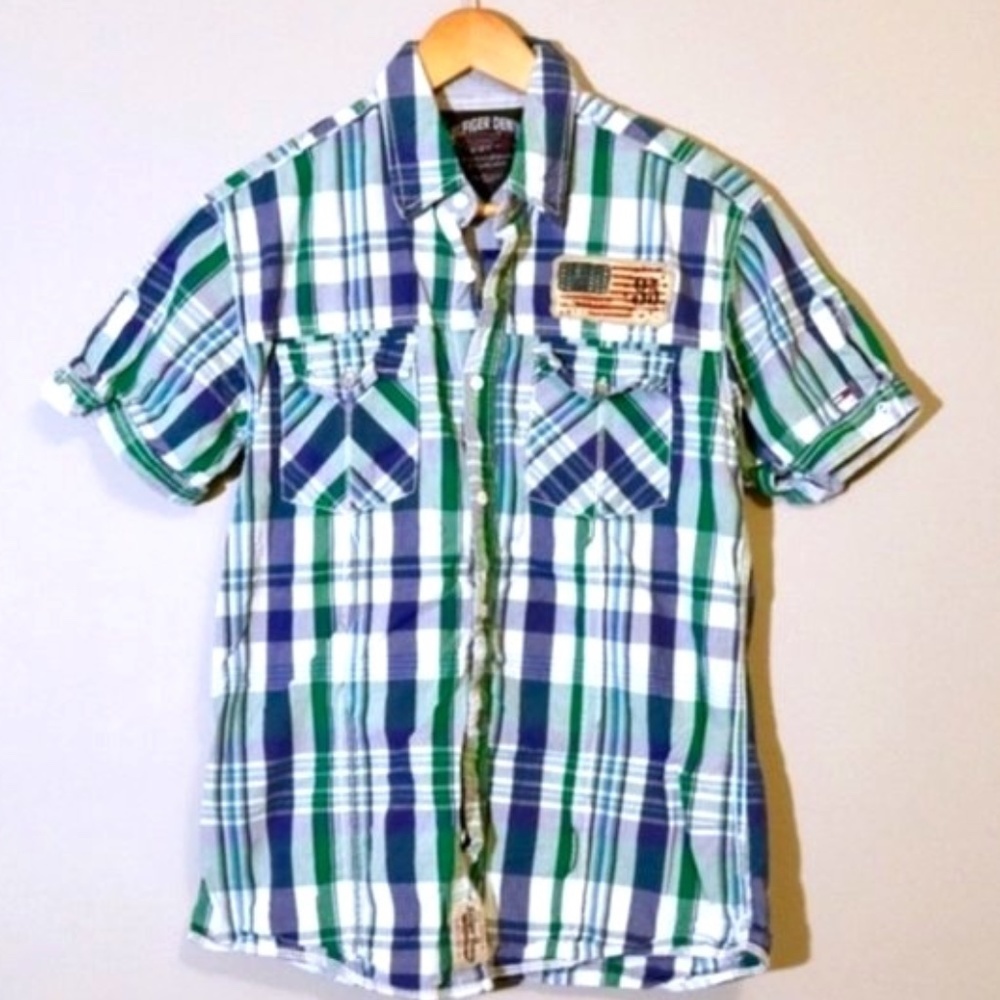 Hilfiger Denim Blue & Green Plaid Button Up Shirt